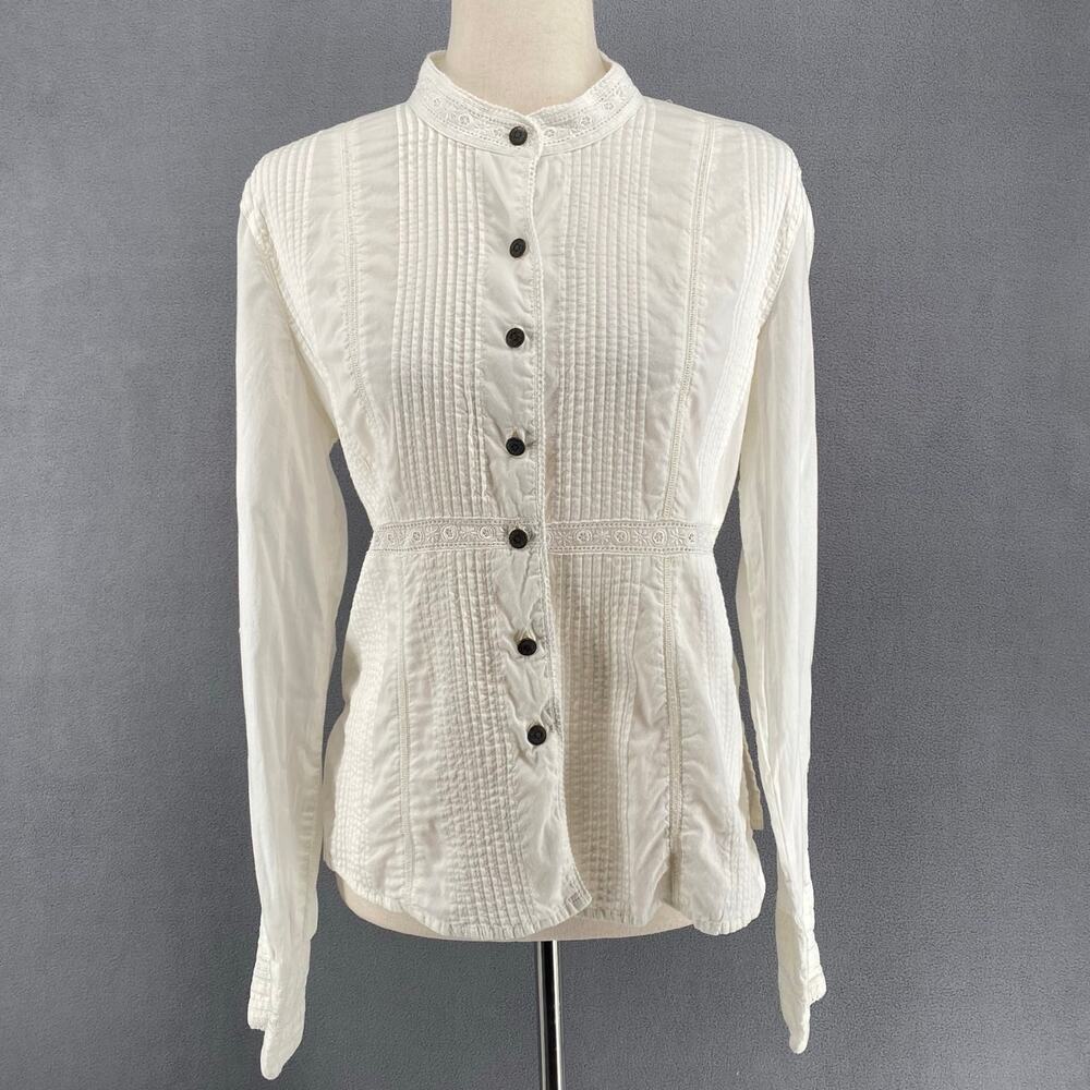 Ana Cottage Lace Inlay Long Sleeve Button Down Shirt Women L White Boho Romantic